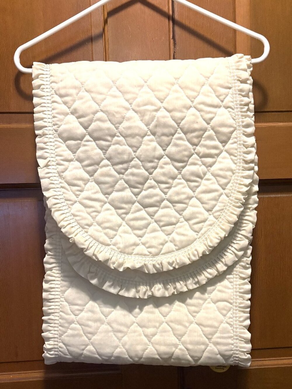 OFF WHITE QUILTED REVERSIBLE TABLE RUNNER 13"X72" ROUNDED ENDS 1" RUFFLED EDGE